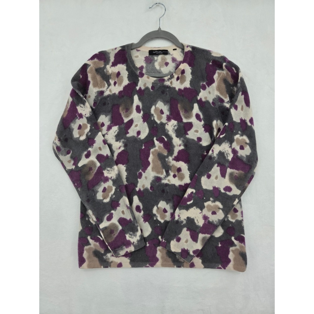 Saks Fifth Avenue 100% Cashmere Sweater Purple Grey Abstract Print Crew Large